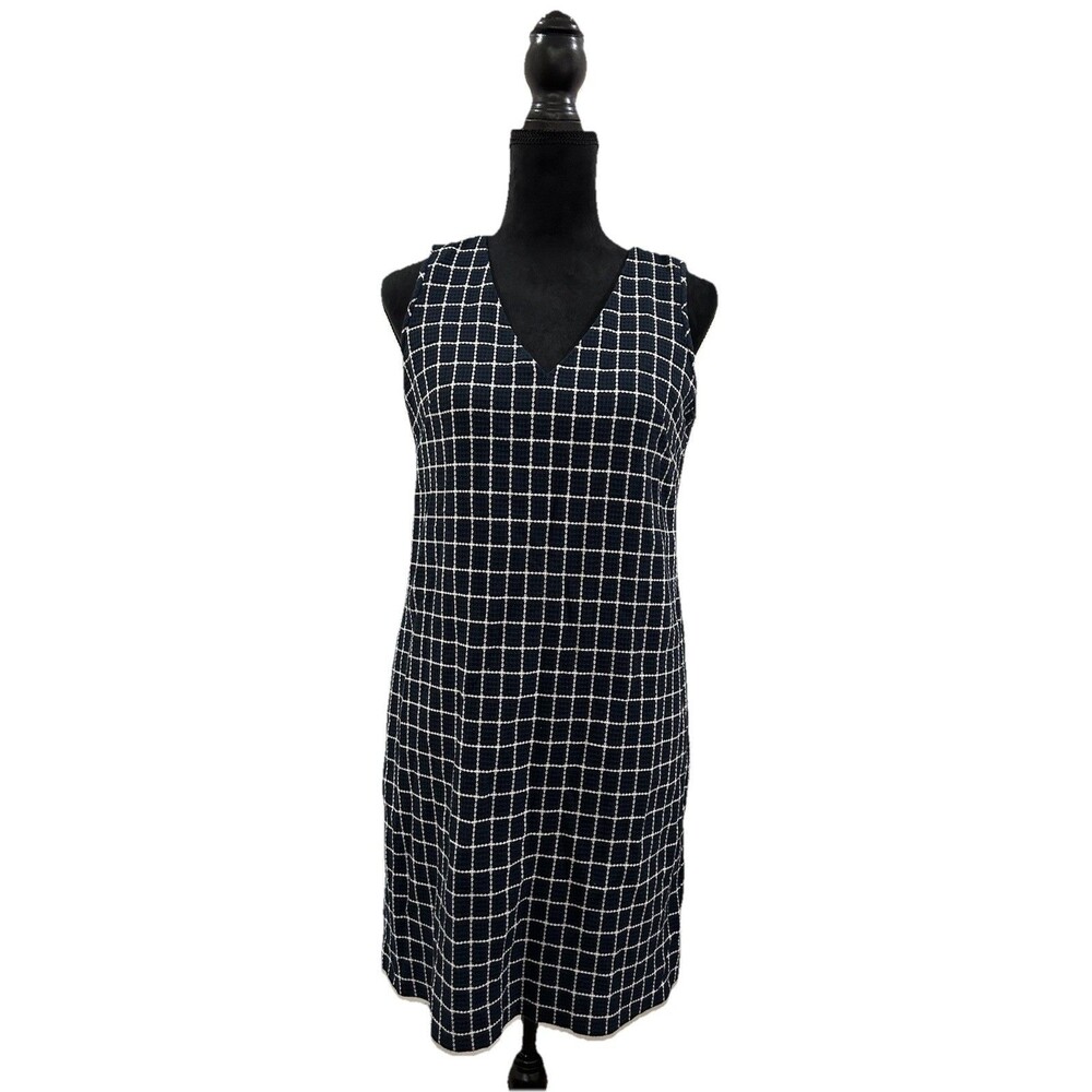 J. Crew Womens 6 Navy Blue And White Check V-Neck Sleeveless Dress Lined Zipper